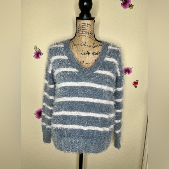New this Month: Pink Rose Fuzzy Striped Sweater - Picture 1 of 11